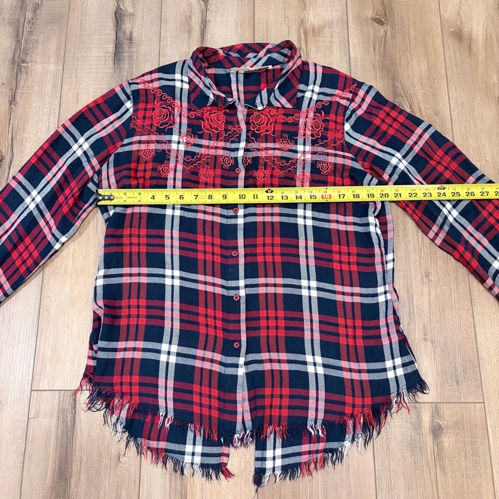 Sheryl Crow Plaid Shirt L Western Core Fringe Hem Embroidered Boho Festival - Picture 9 of 9